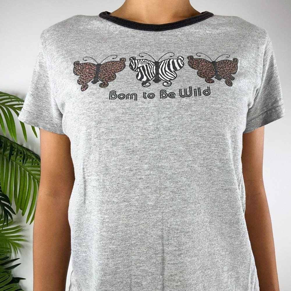Ragdoll Vintage Y2K Butterfly Animal Print Ringer Tee Gray Cotton Blend Small